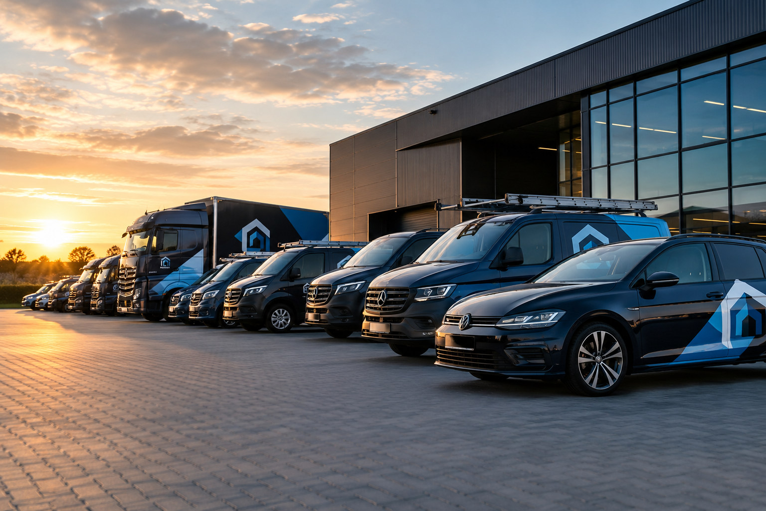 Wagenpark met personenauto, bestelbussen en vrachtwagens in dezelfde herkenbare huisstijl