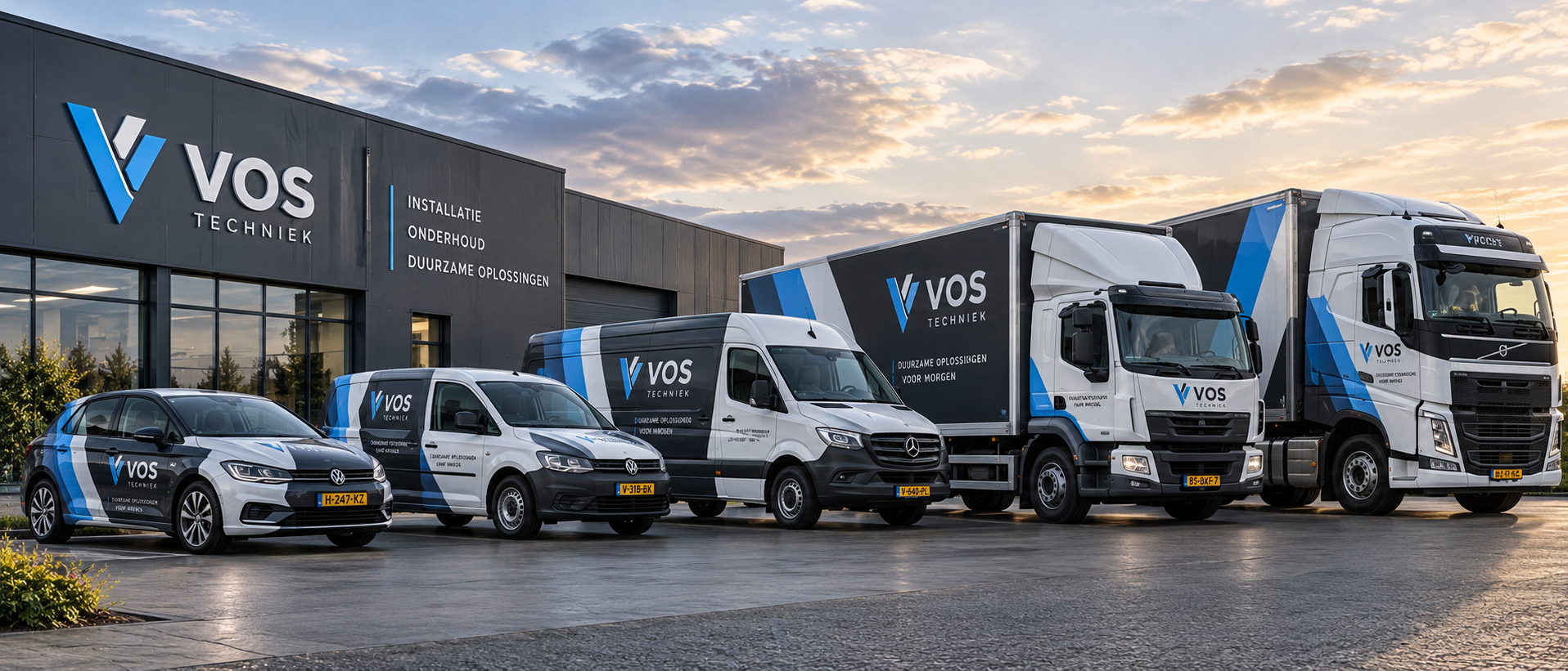Wagenpark met personenauto, bestelauto, bestelbus, bakwagen en vrachtwagen in één herkenbare huisstijl