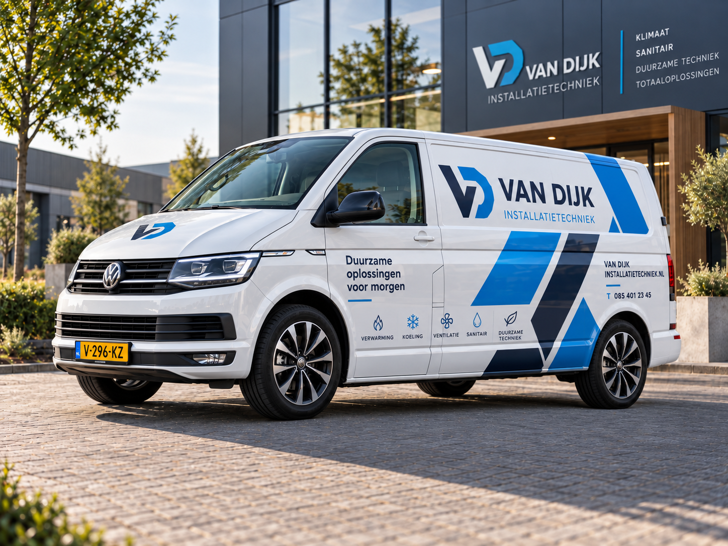 Opvallende bedrijfsbus met grote merkvlakken en sterke autobelettering