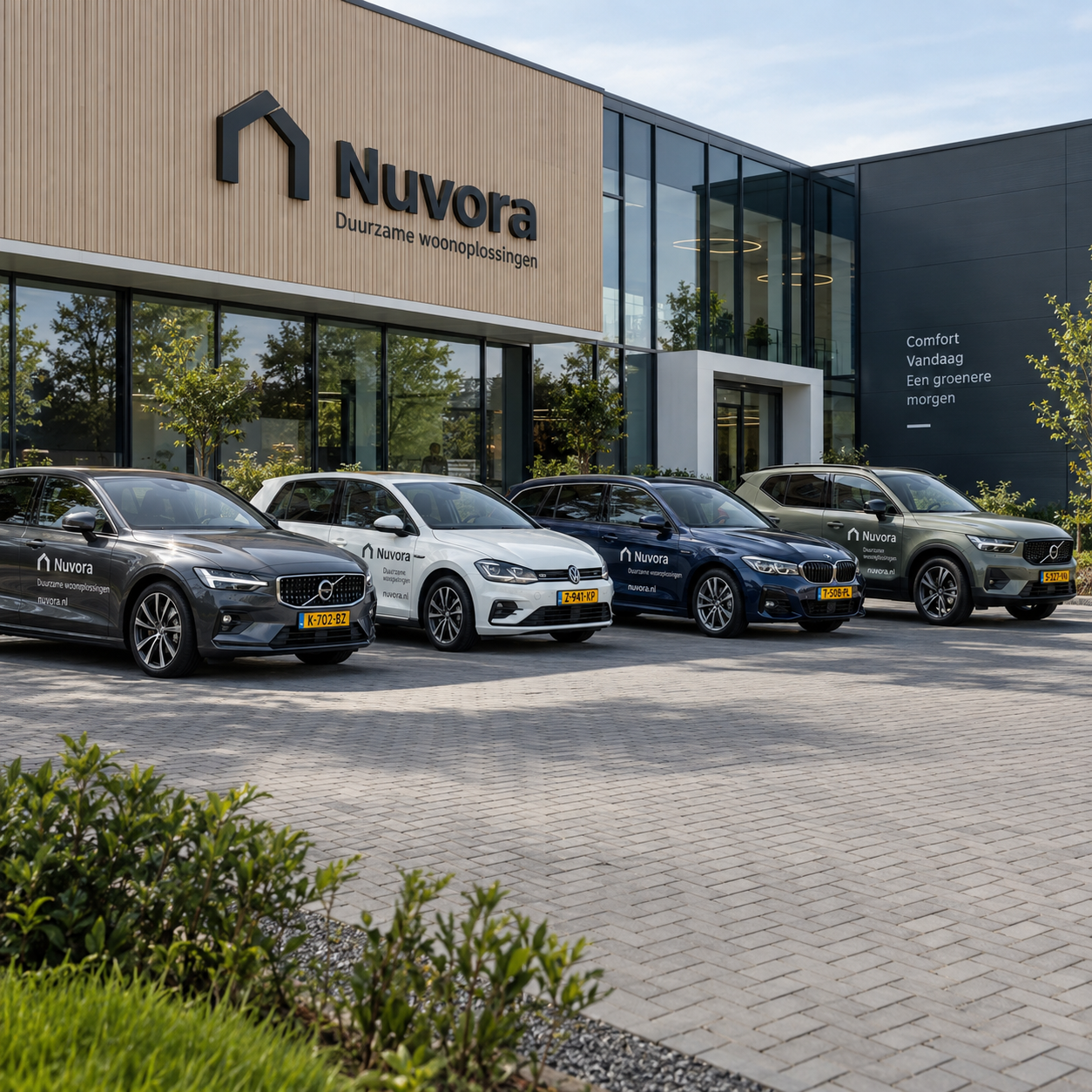 Zakelijk beletterde personenauto's bij een modern bedrijfspand