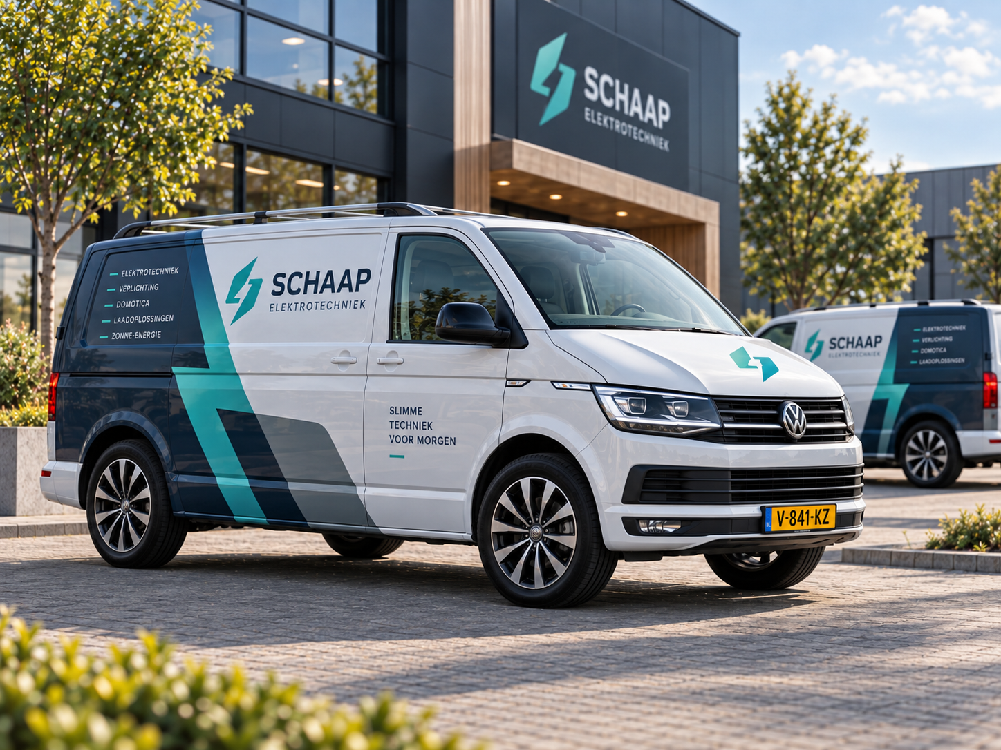 Professioneel beletterde bedrijfswagens bij een modern bedrijfspand