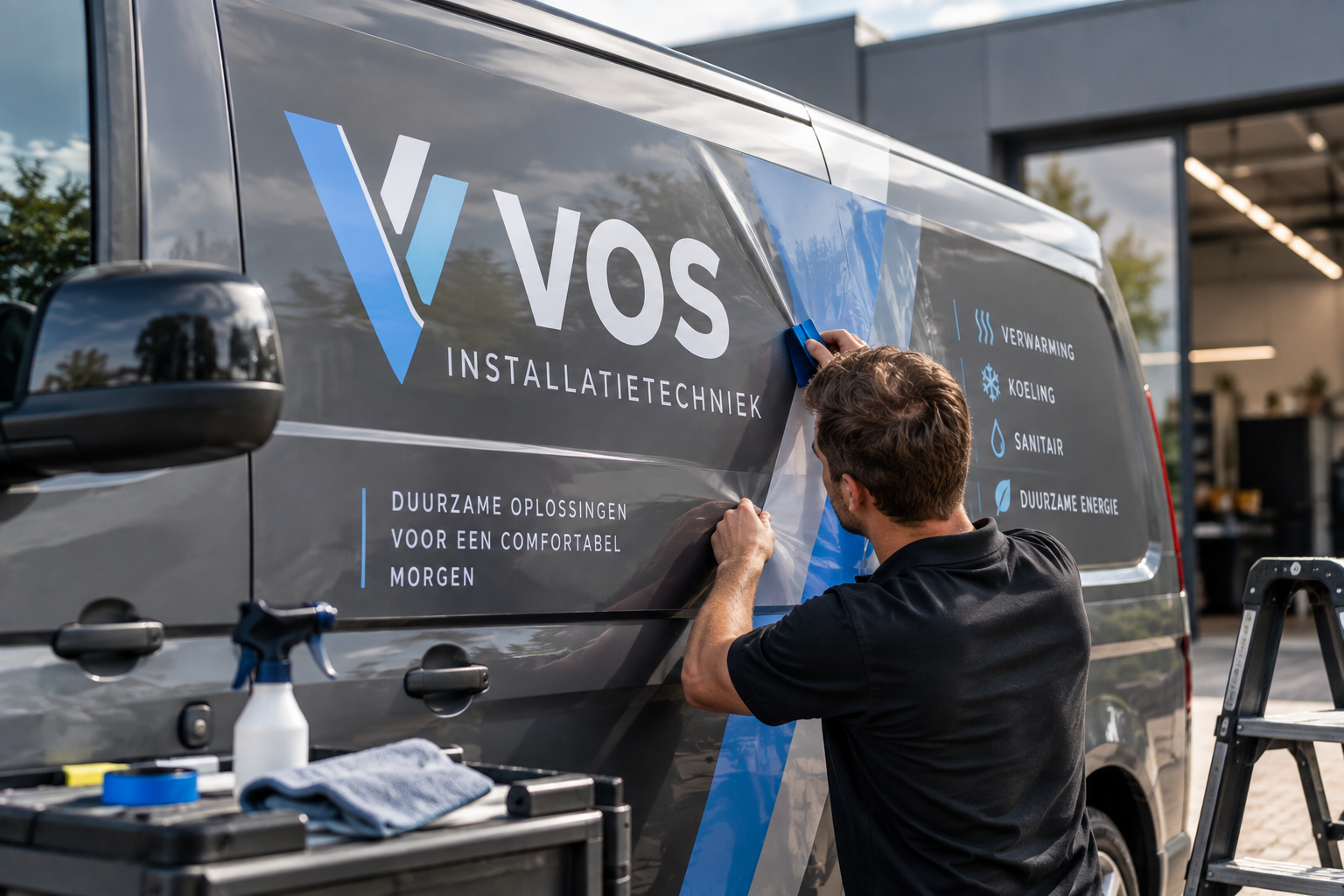Voertuigfolie die op een bedrijfswagen wordt aangebracht