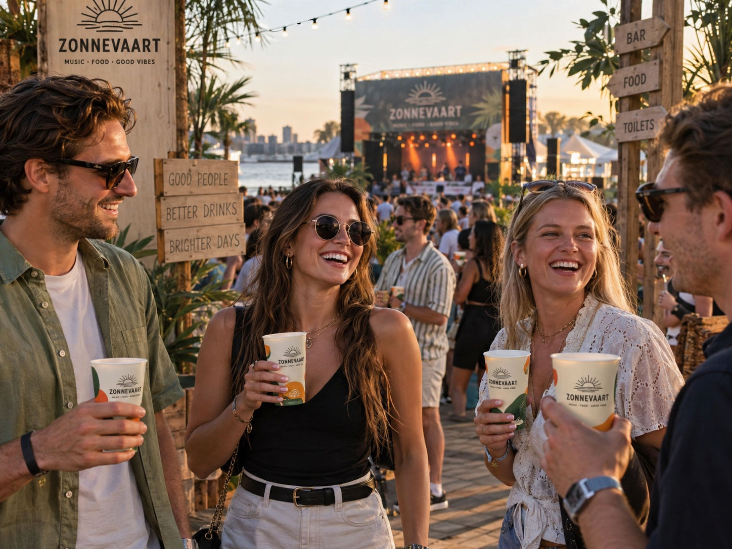 Professioneel Nederlands evenement met bezoekers die bedrukte bekers van hetzelfde fictieve eventmerk vasthouden