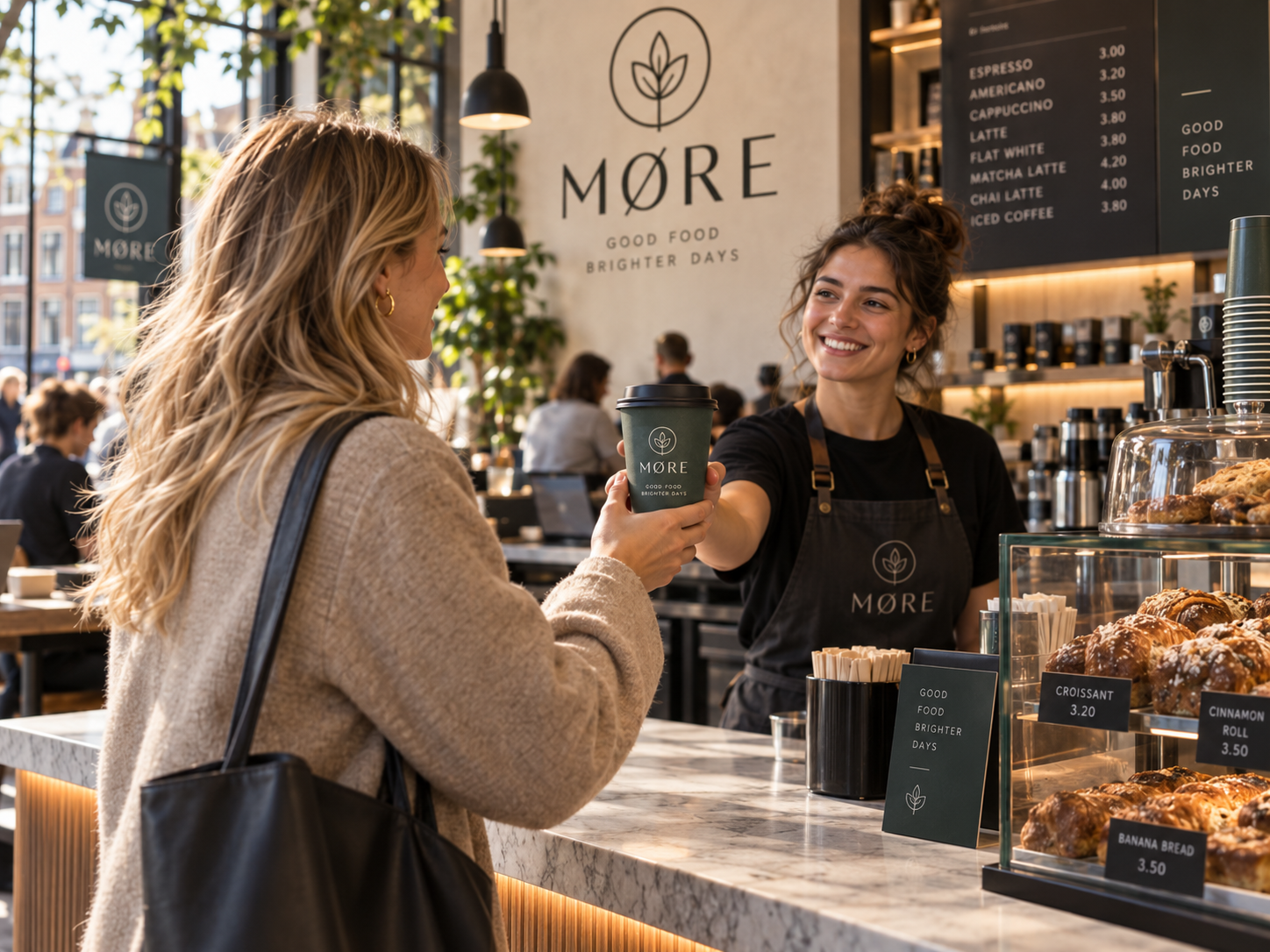 Nederlandse klant die een professioneel bedrukte coffee to go beker meeneemt uit een moderne koffiebar
