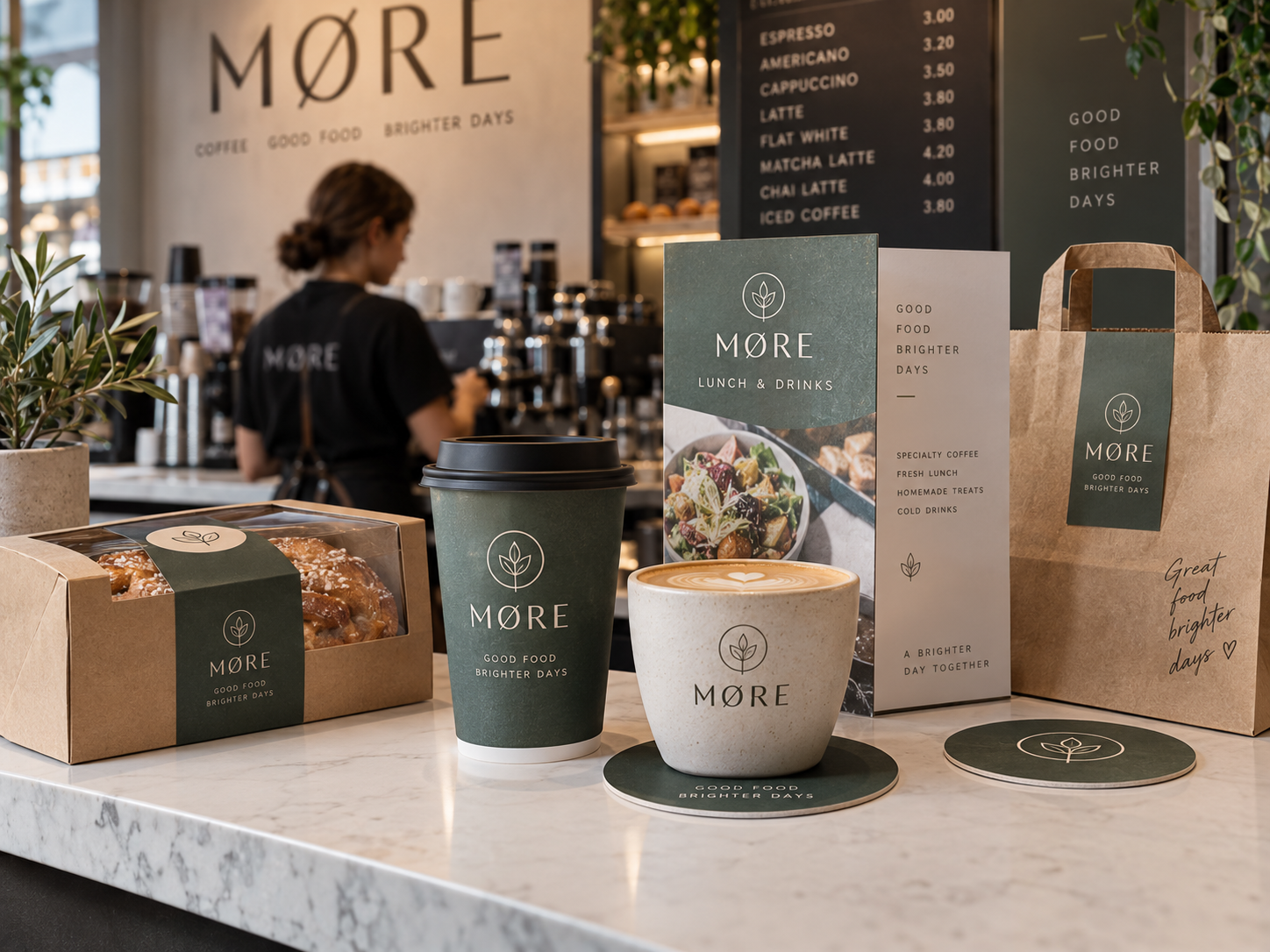 Professionele horeca presentatie met bedrukte beker onderzetter foodverpakking etiketten en menumateriaal in één huisstijl