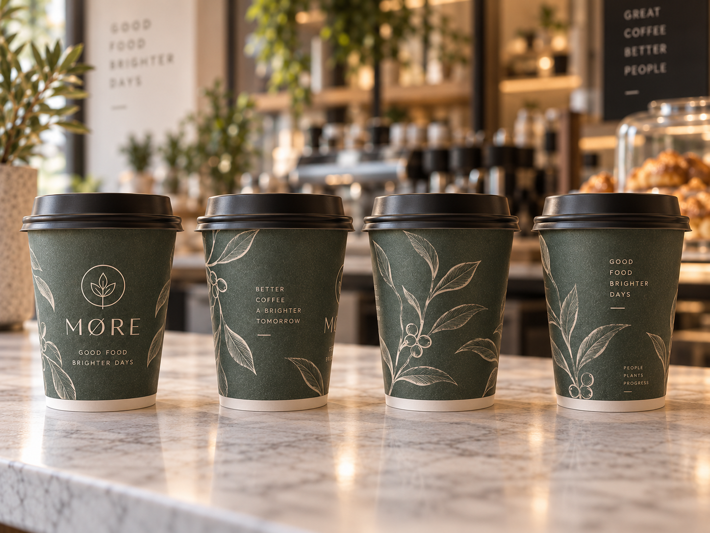 Professioneel bedrukte koffiebekers in verschillende rotaties waarbij hetzelfde doorlopende ontwerp rondom zichtbaar is