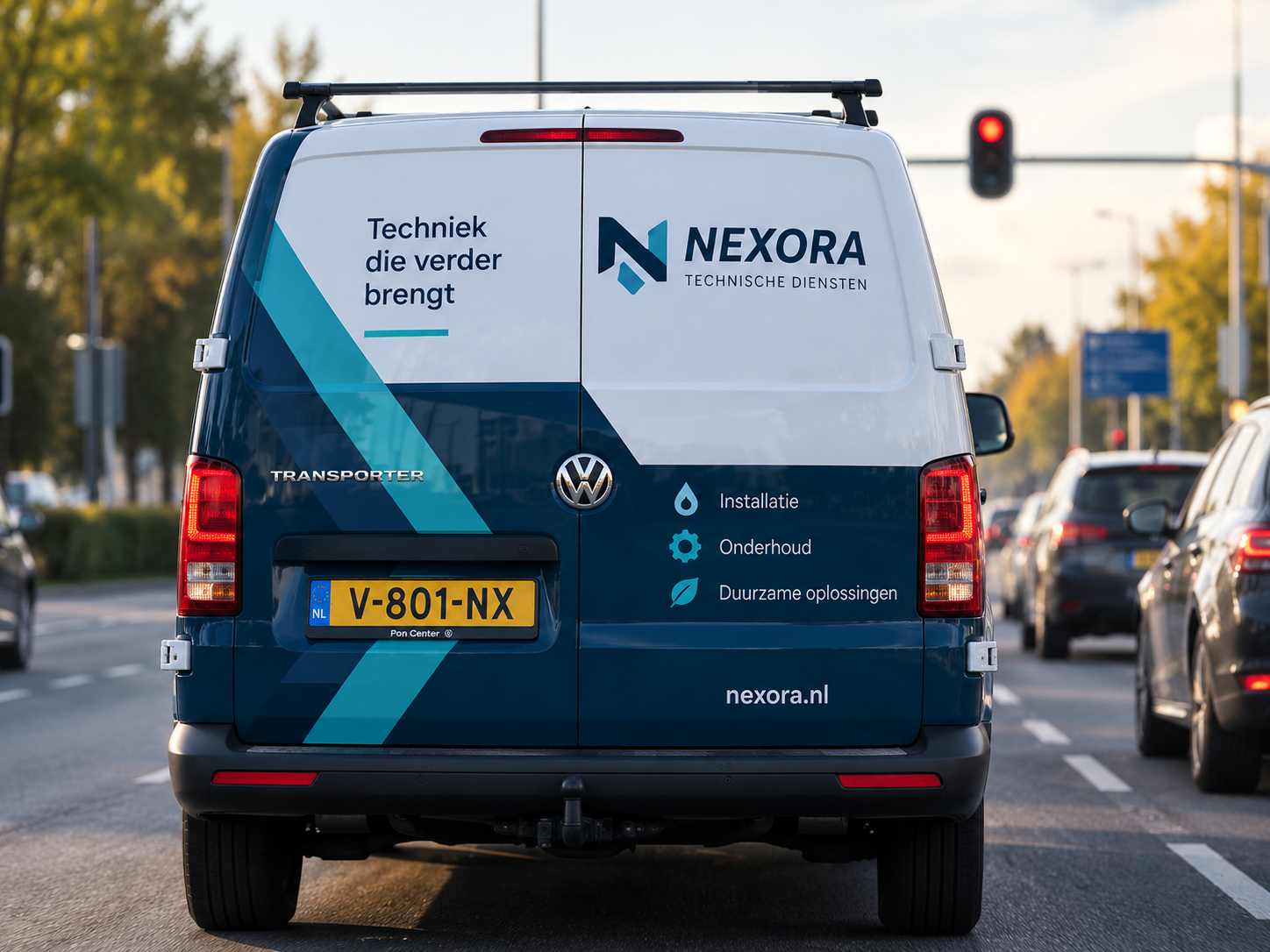 Achterzijde van professioneel beletterde Volkswagen Transporter