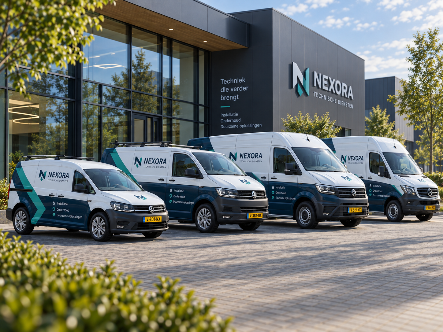 Wagenpark met verschillende professioneel beletterde bestelbussen in één herkenbare bedrijfsstijl
