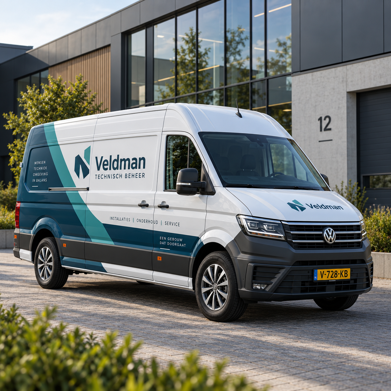 Volkswagen Crafter met bedrijfsbelettering die zorgvuldig is afgestemd op carrosserielijnen deuren en voertuigvorm