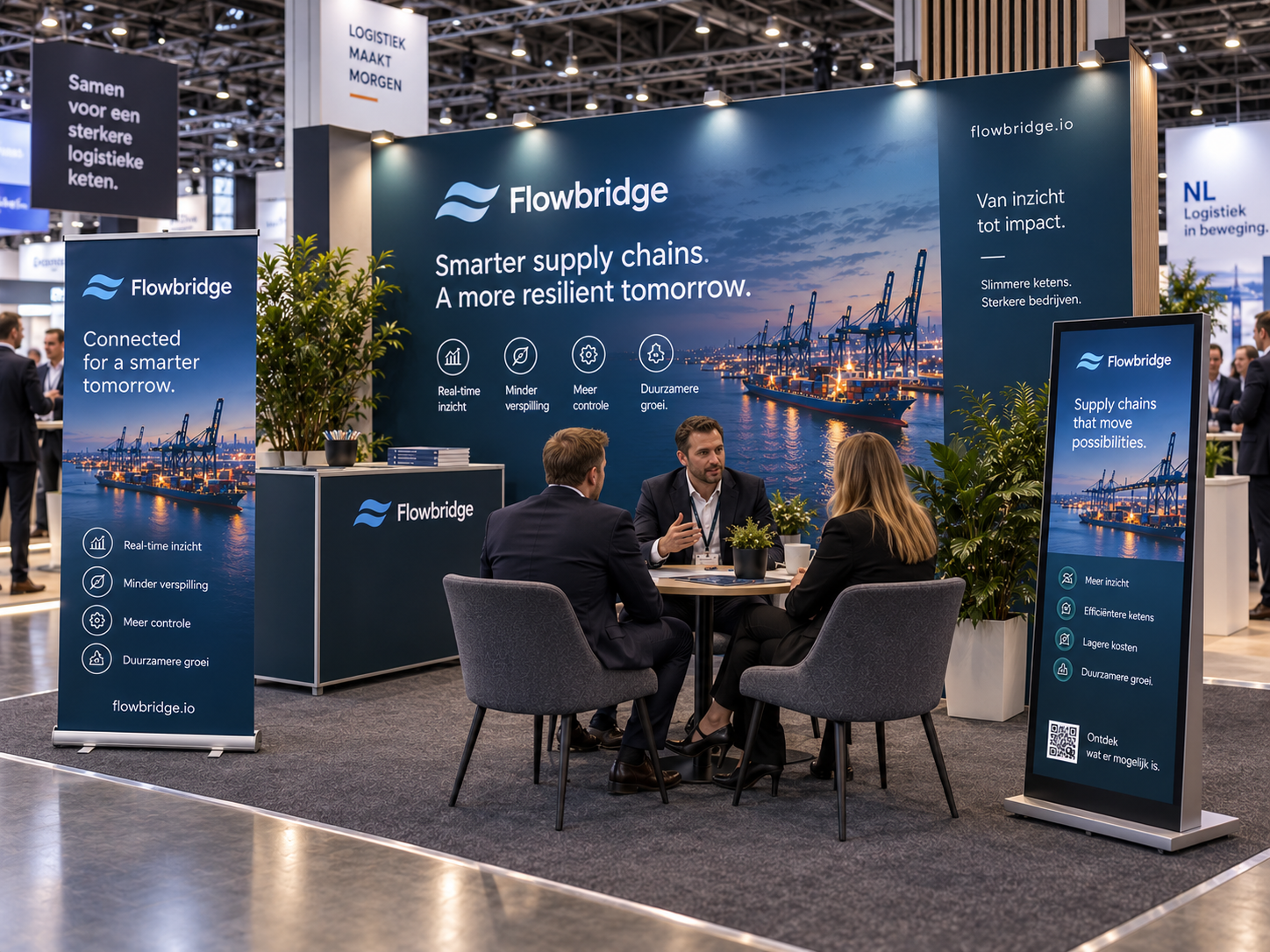 Moderne professionele Nederlandse B2B beursstand met beurswand roll-up vrijstaand display en consistente zakelijke branding