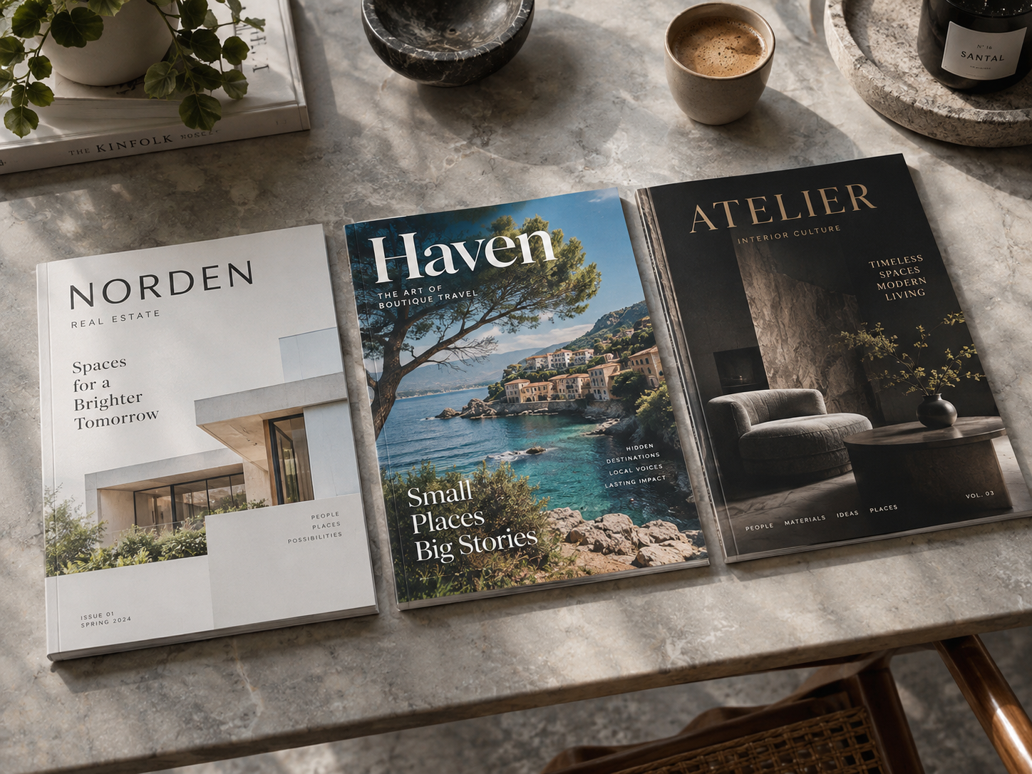 Drie professioneel vormgegeven magazines met verschillende omslagstijlen