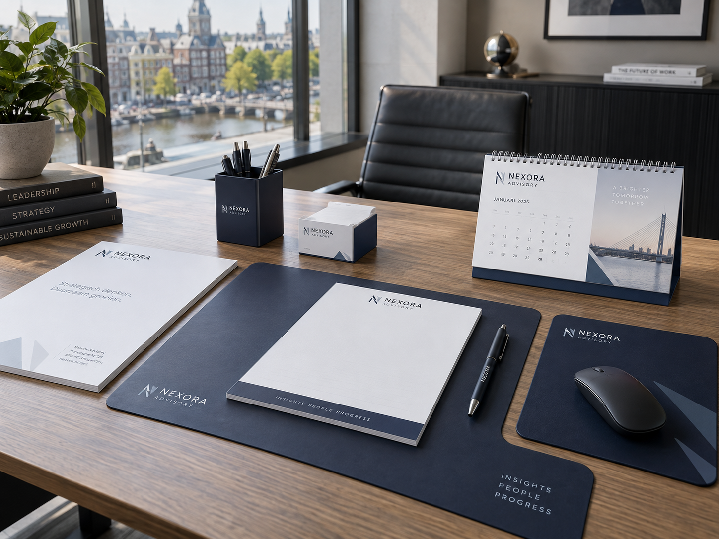 Complete zakelijke bureau accessoireset met onderlegger notitieblok memoblokken muismat briefpapier en kalender in één huisstijl