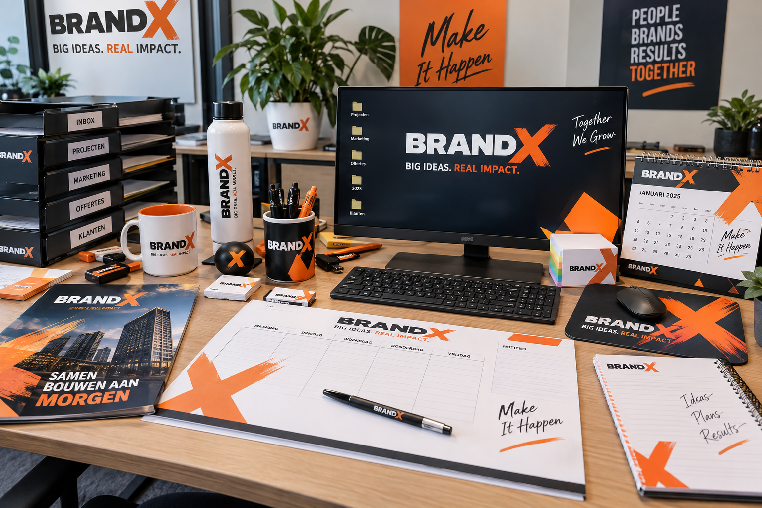 Overdreven zakelijke werkplek met te veel branding logo's kleuren en commerciële boodschappen