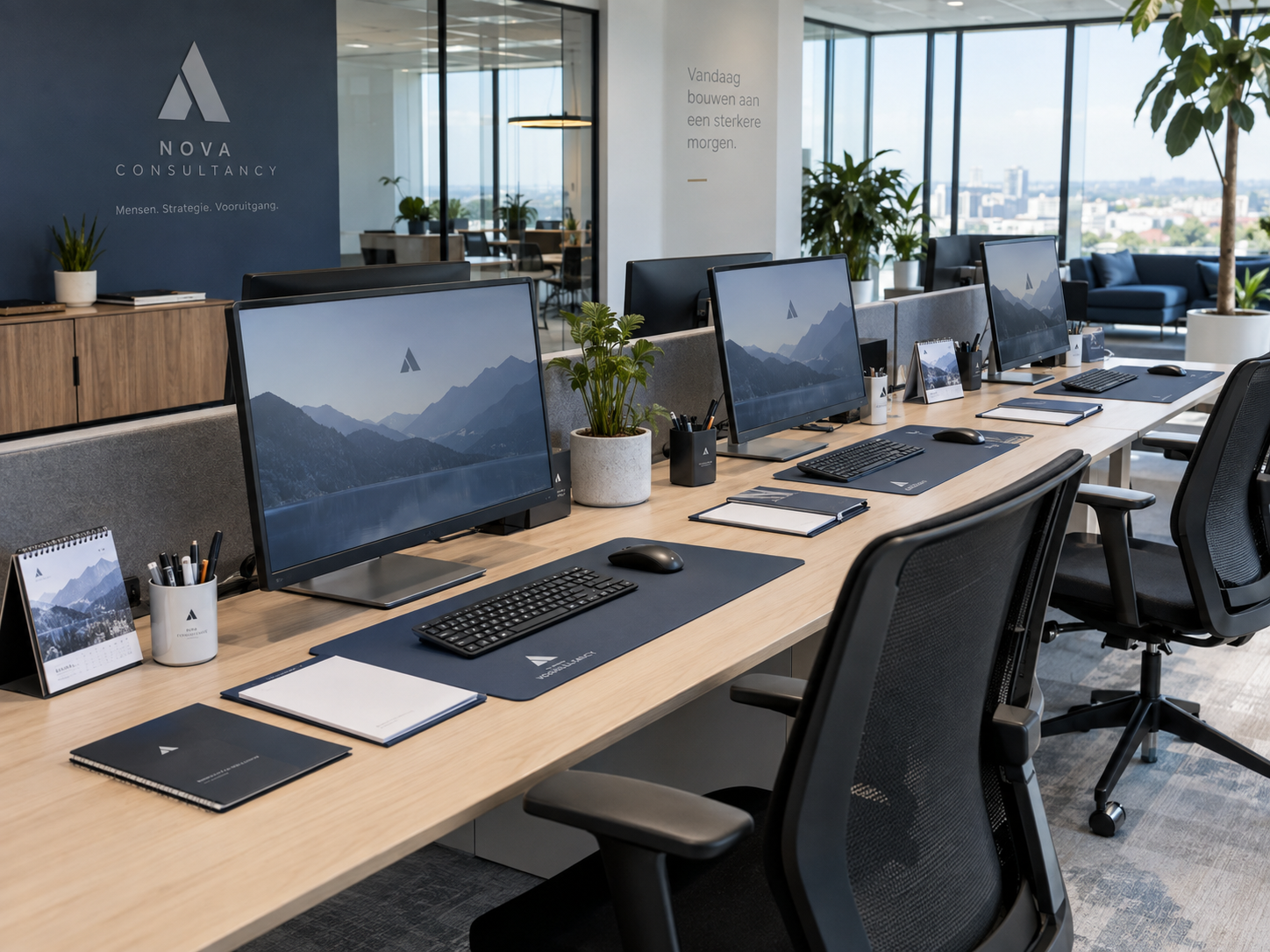 Meerdere zakelijke werkplekken met consistent bedrukte bureau accessoires in dezelfde huisstijl