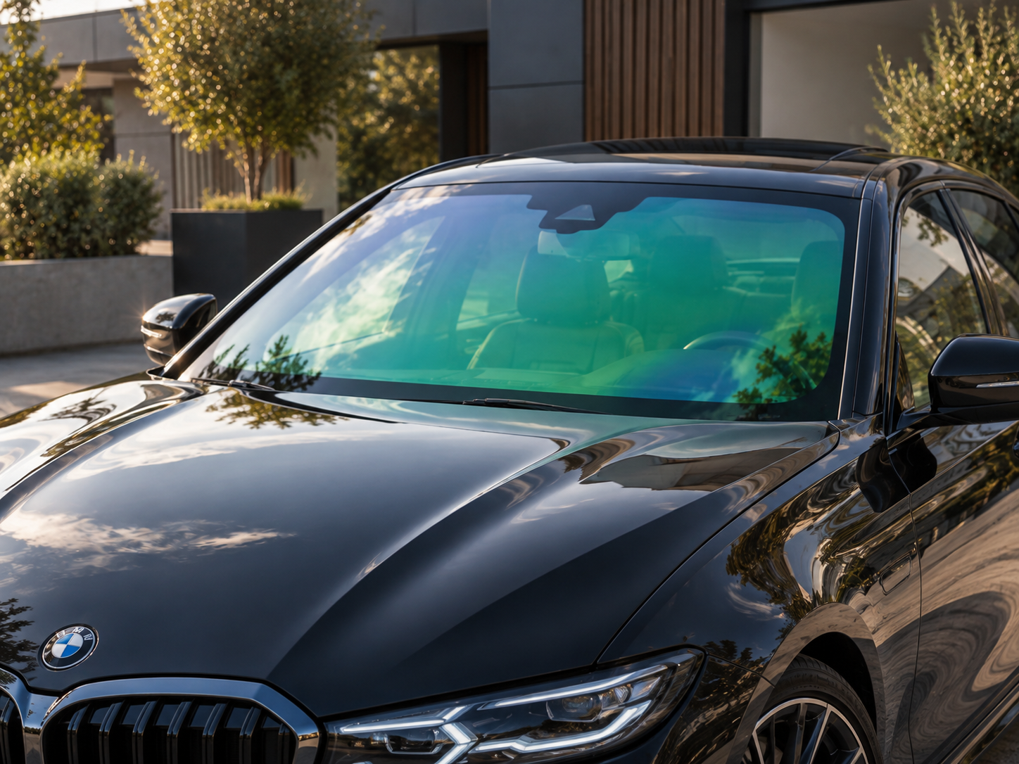 Donkere auto met groen aqua FOREST Chameleon folie op de voorruit