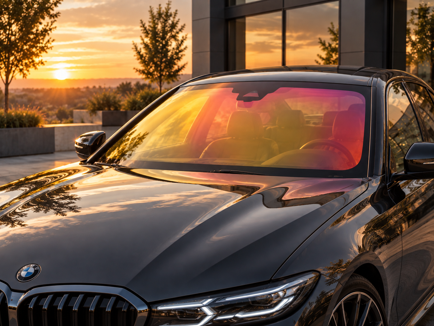 Donkere auto met warm rood koper en goudkleurig SUNSET Chameleon effect
