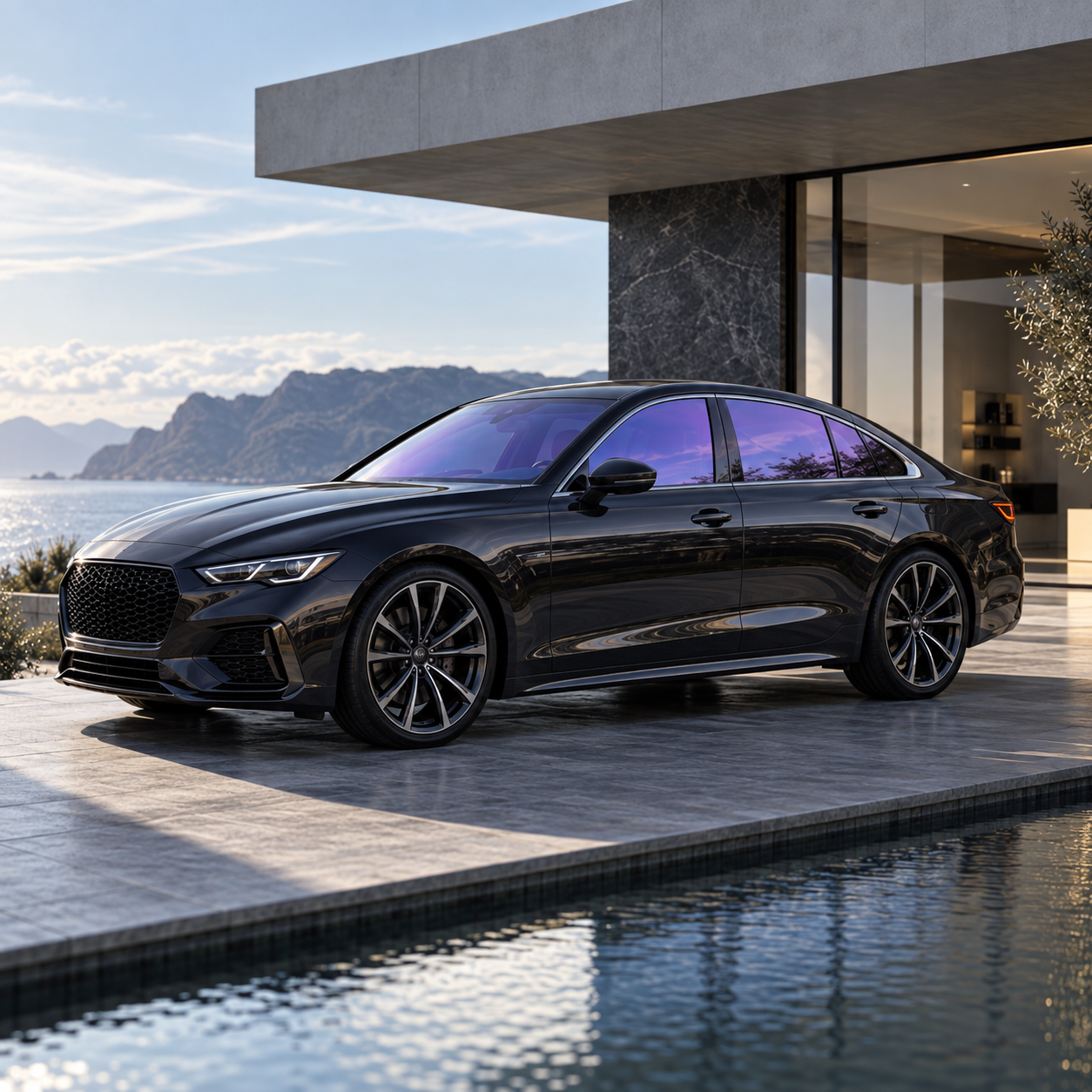 Donkere luxe auto met violette Chameleon voorruit