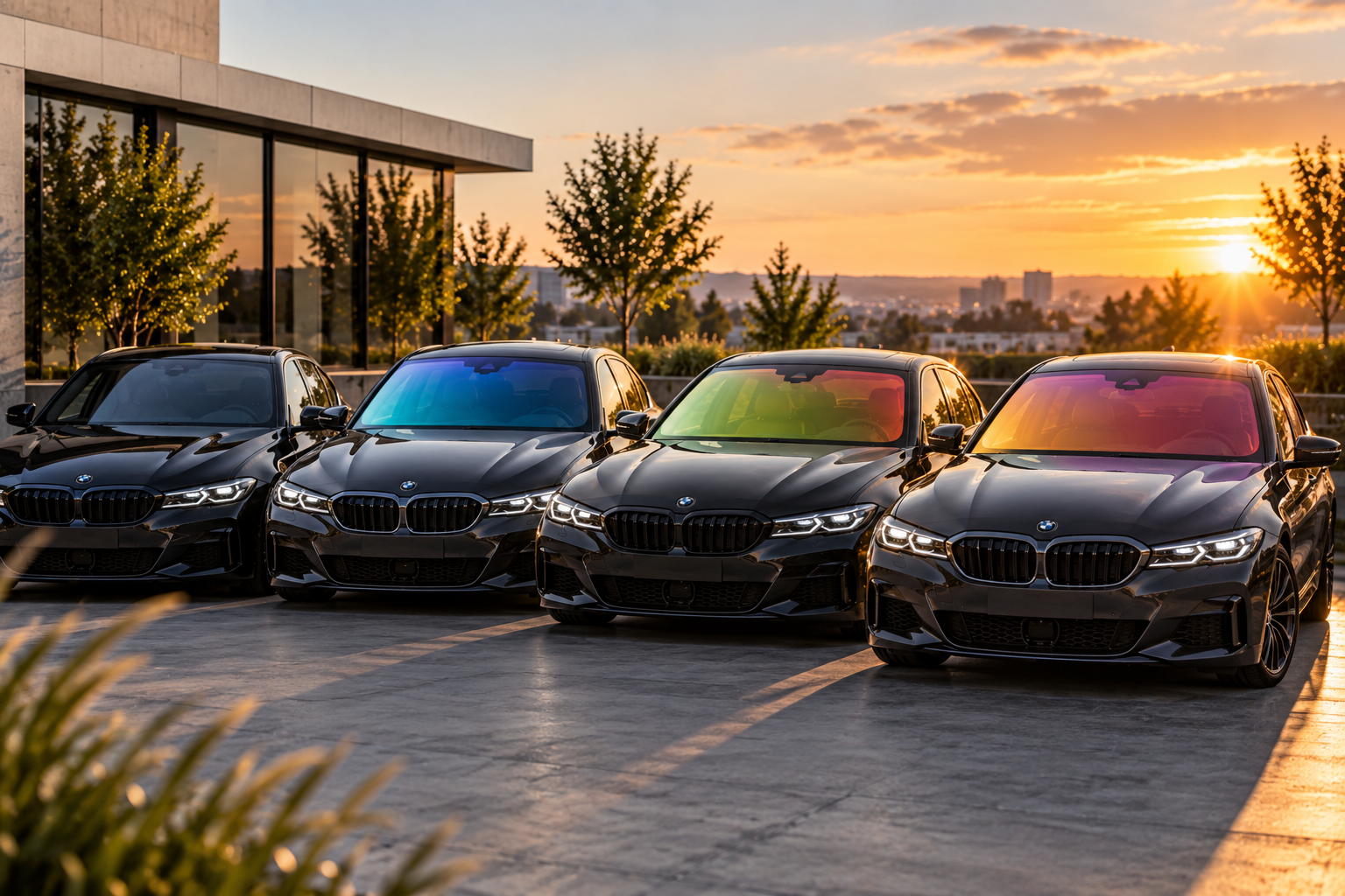 Vier auto's met verschillende Chameleon kleurrichtingen op de voorruit