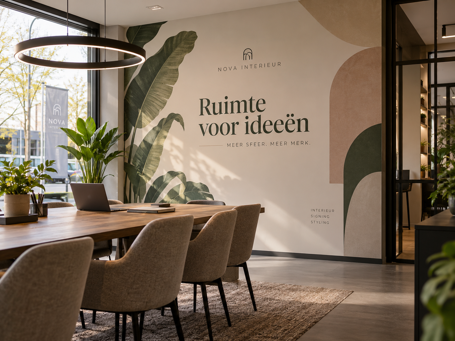 Professionele grote muursticker toegepast in modern zakelijk interieur
