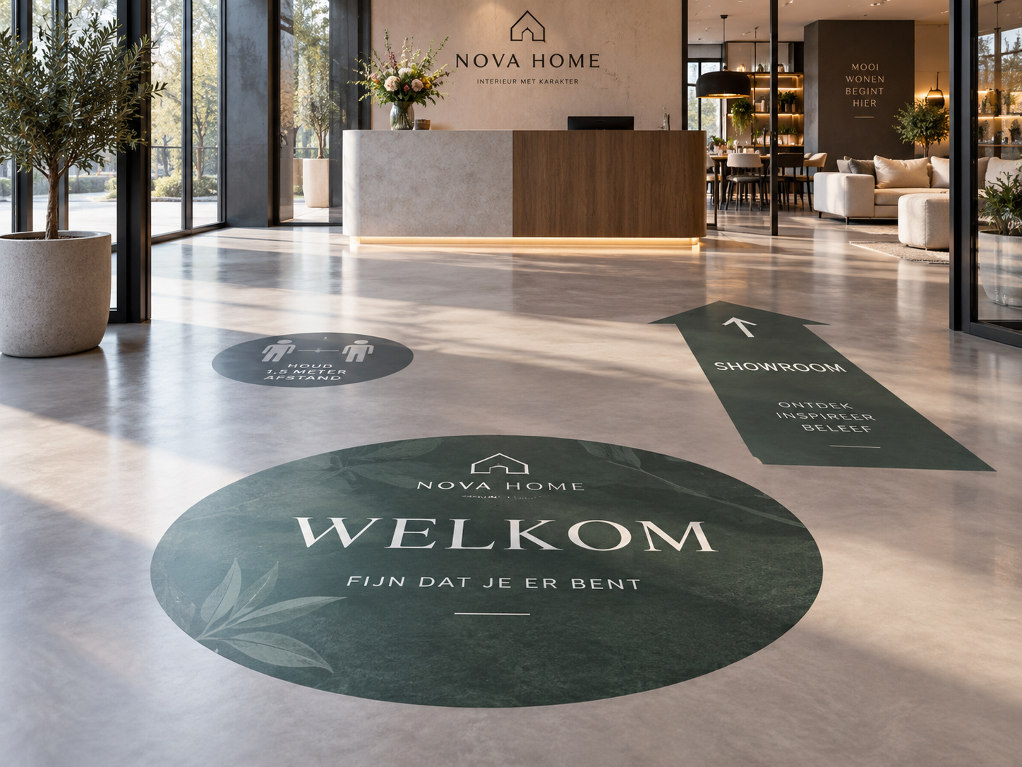 Professionele grote vloerstickers voor routing promotie informatie en zakelijke vloertoepassingen