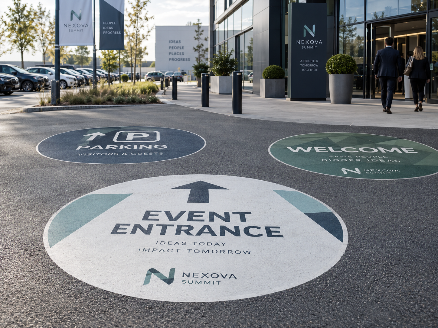 Professionele asfaltstickers voor evenementen routing parkeerterreinen en tijdelijke buitencommunicatie