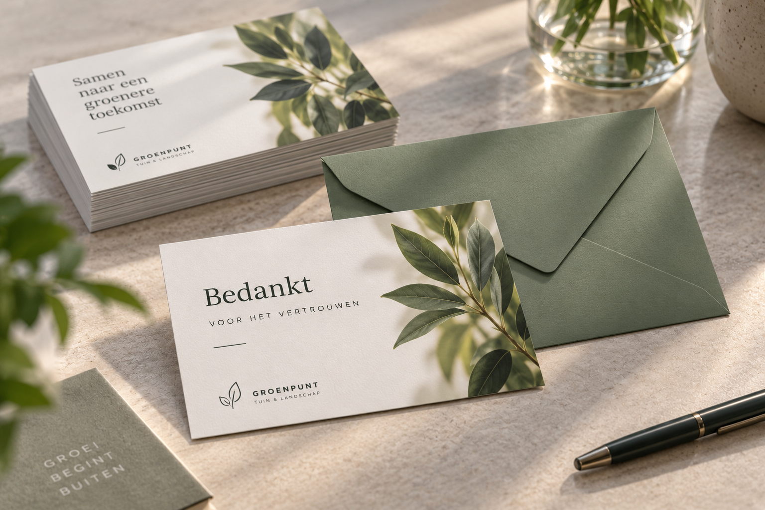 Professionele bedankkaart met bijpassende groene zakelijke envelop