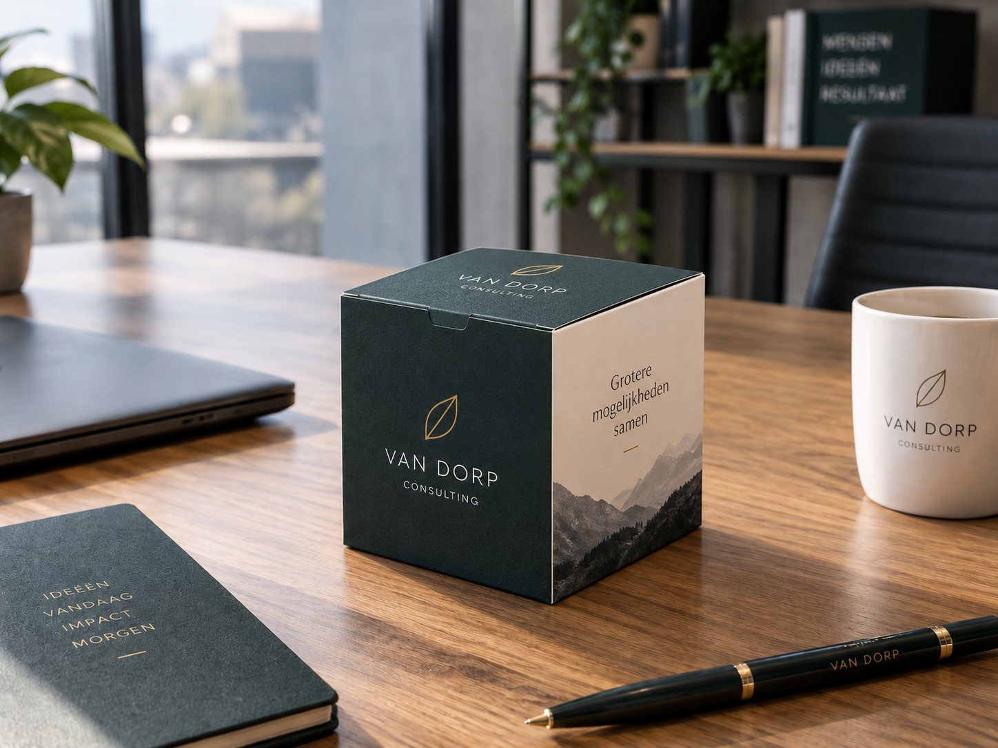 Dichtgeklapte kubusvormige zakelijke pop-up kaart op een professionele werkplek