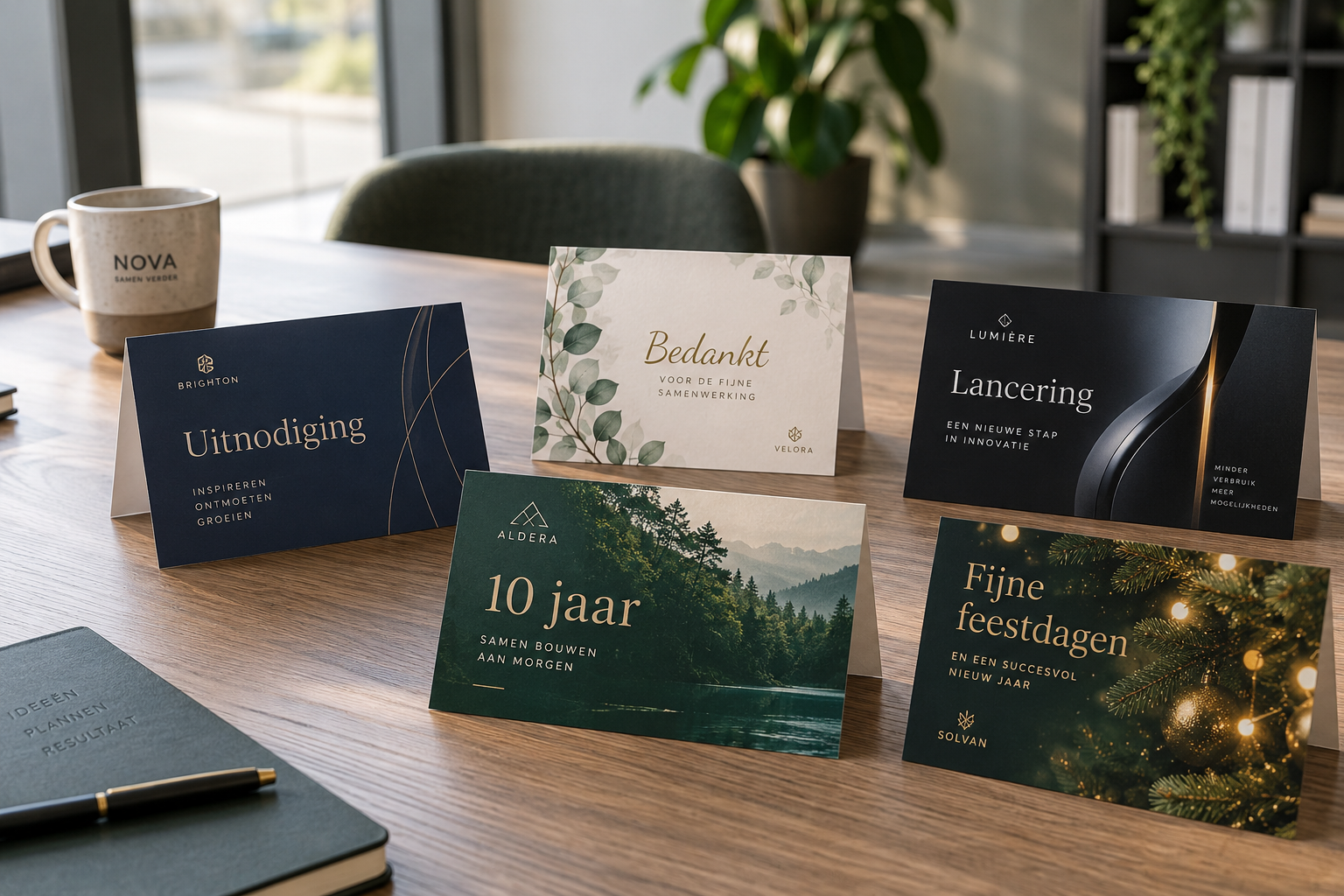 Verschillende zakelijke kaarten voor uitnodiging bedankmoment productlancering jubileum en eindejaar