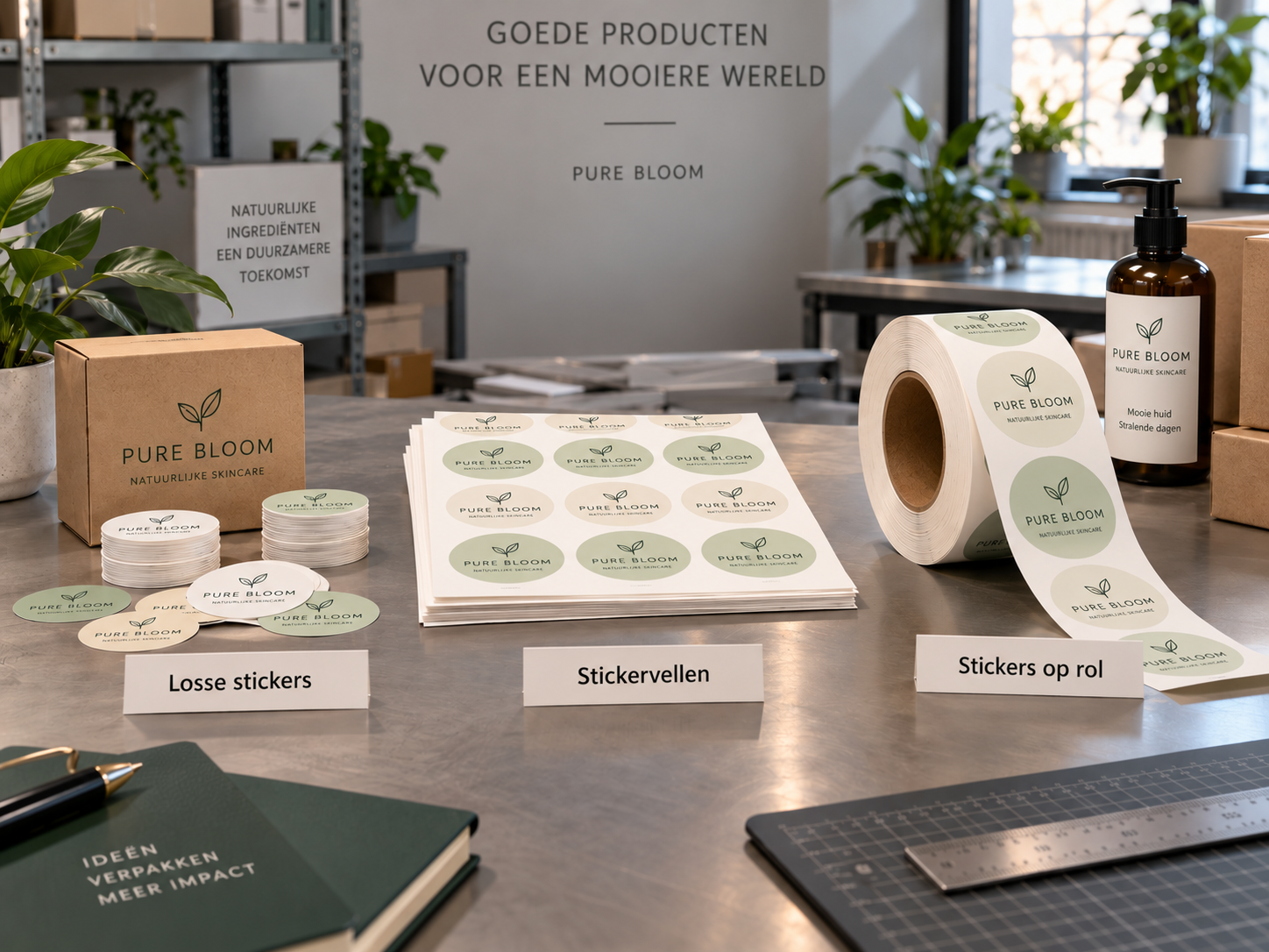Vergelijking tussen losse kleine stickers stickervellen en stickers op rol op een professionele zakelijke werktafel