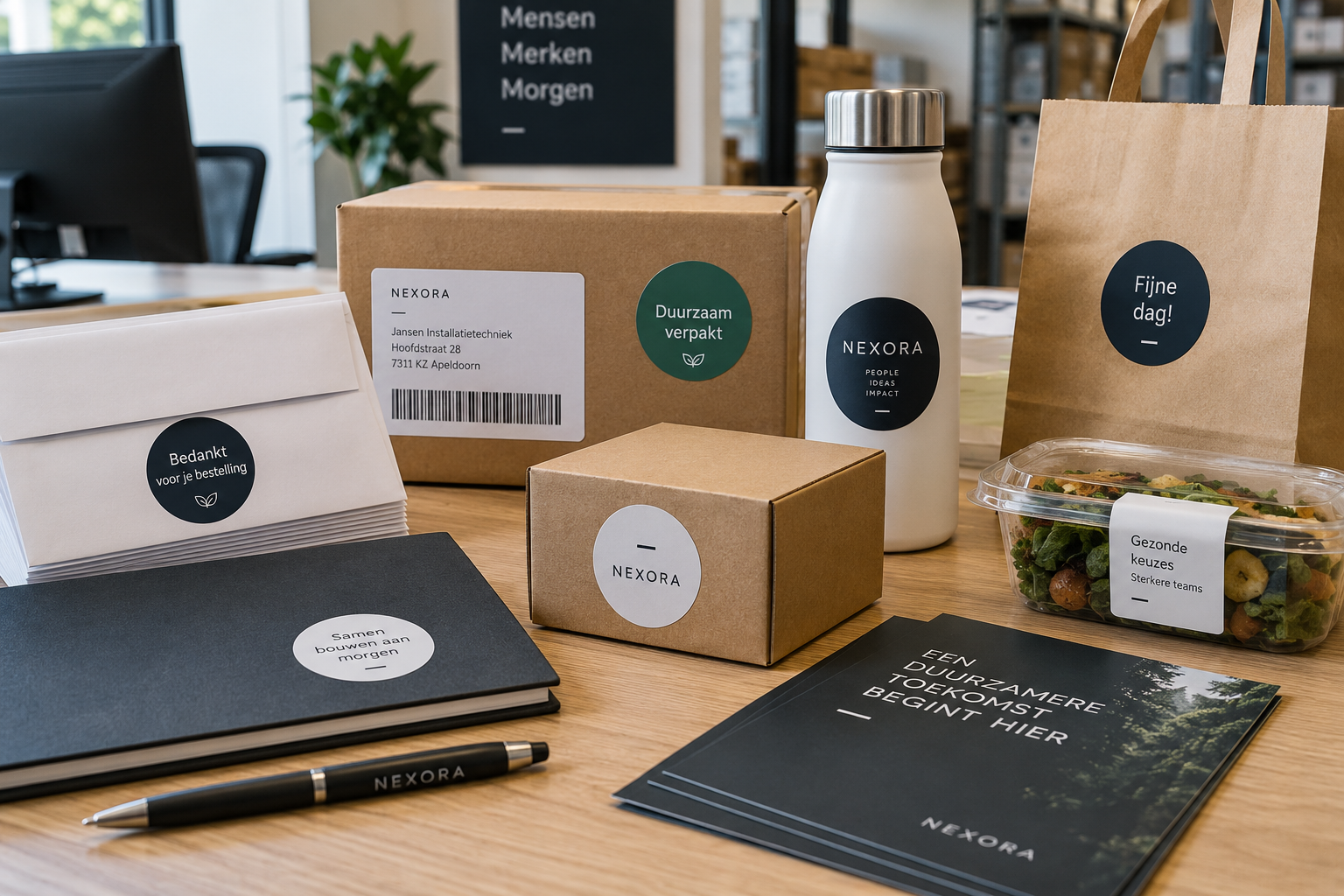 Professionele kleine zakelijke stickers toegepast op dozen enveloppen productverpakkingen kantoorartikelen en andere bedrijfsproducten