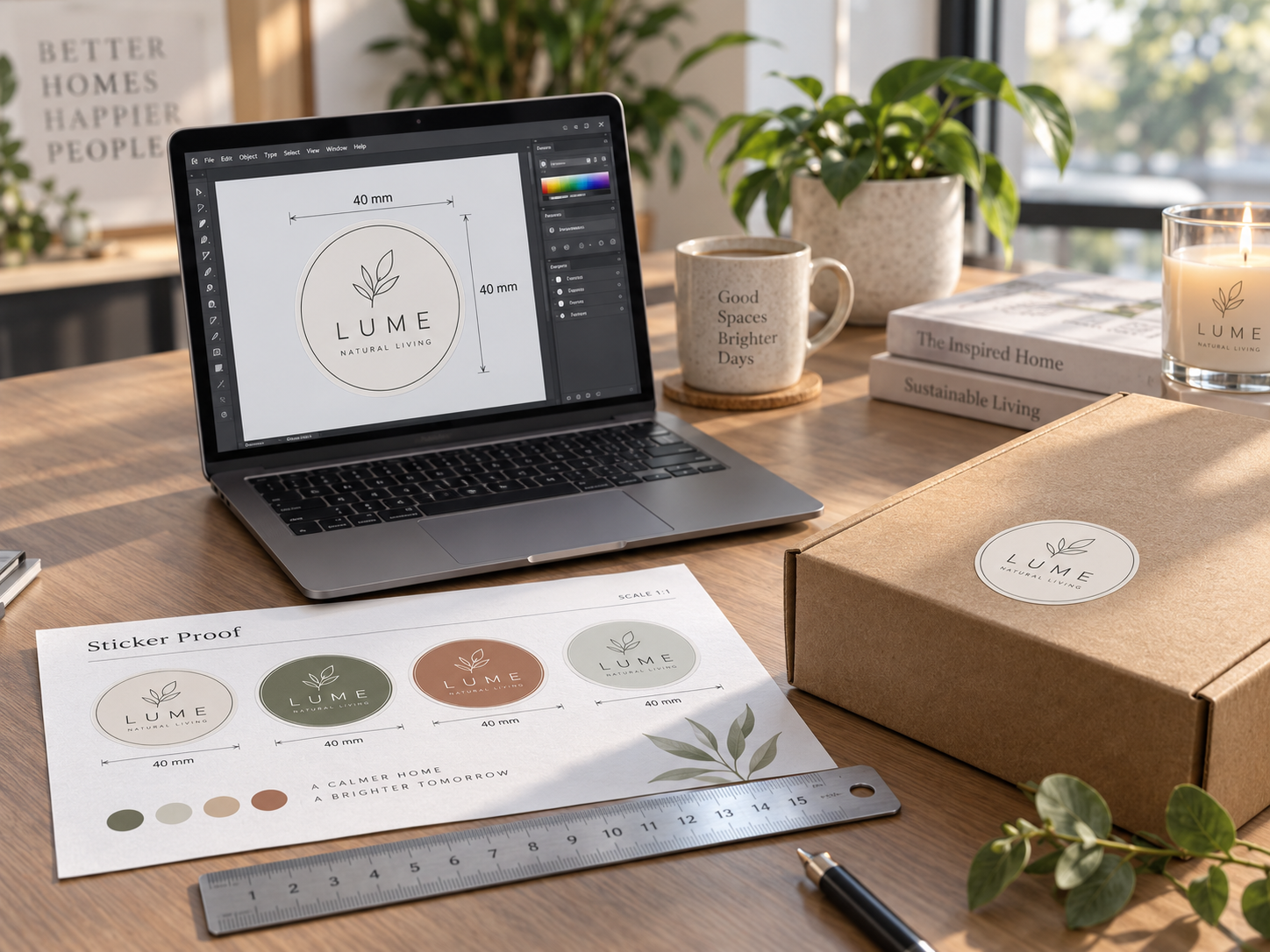 Laptop met klein stickerontwerp geprinte proef maatvoering en uiteindelijke sticker op verpakking