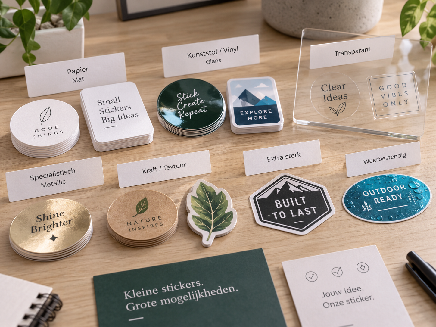 Verschillende kleine stickers met papier kunststof transparante en specialistische materiaaluitstraling