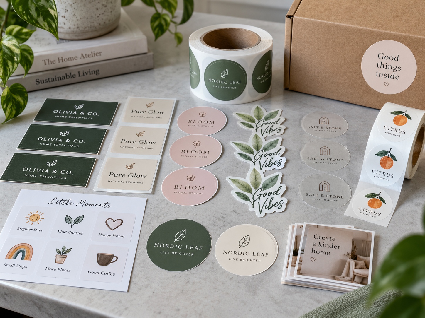 Meerdere professionele kleine stickerontwerpen en productvarianten overzichtelijk naast elkaar