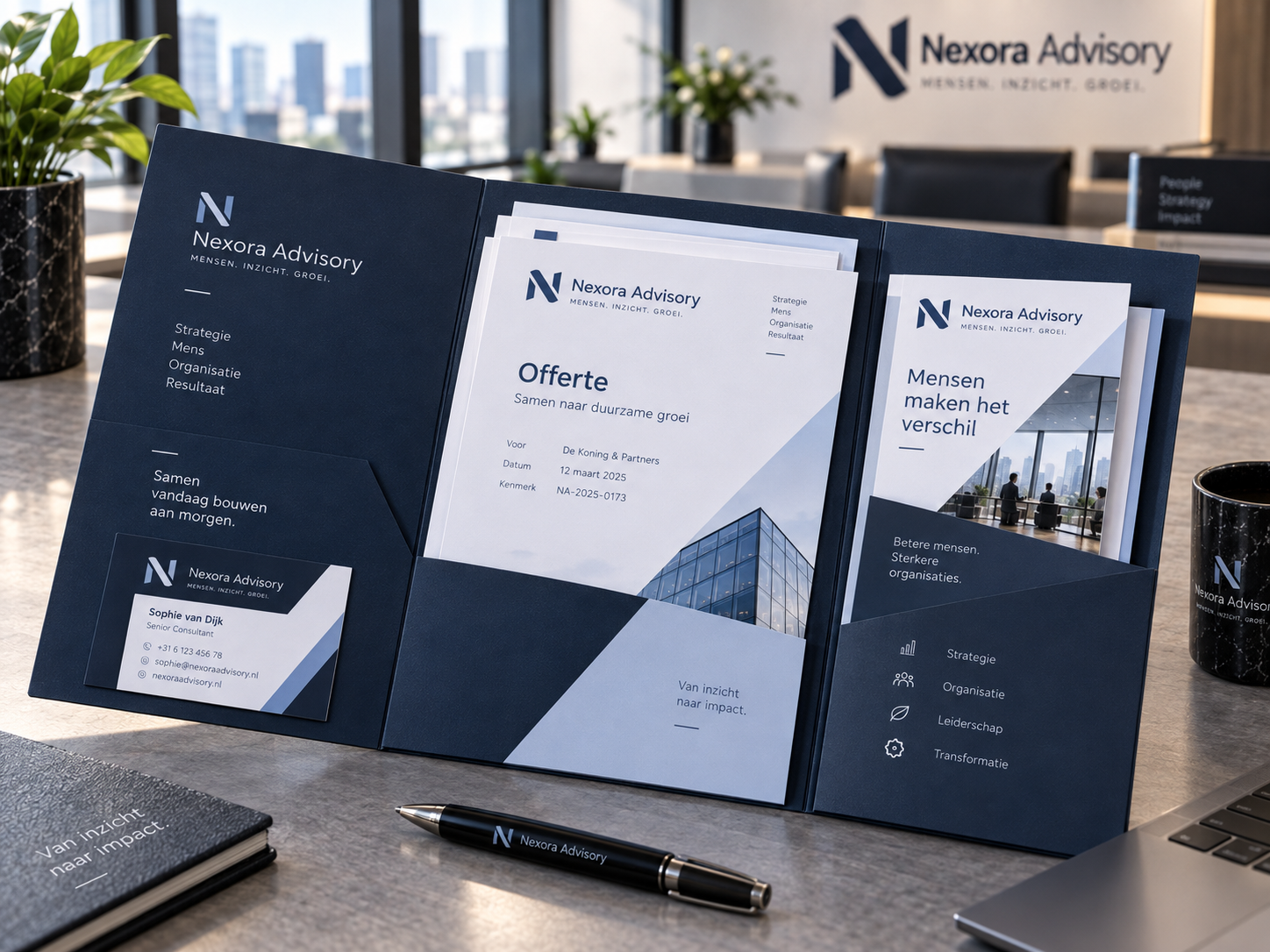 Professioneel bedrukte open presentatiemap met offerte brochure documenten en visitekaartje