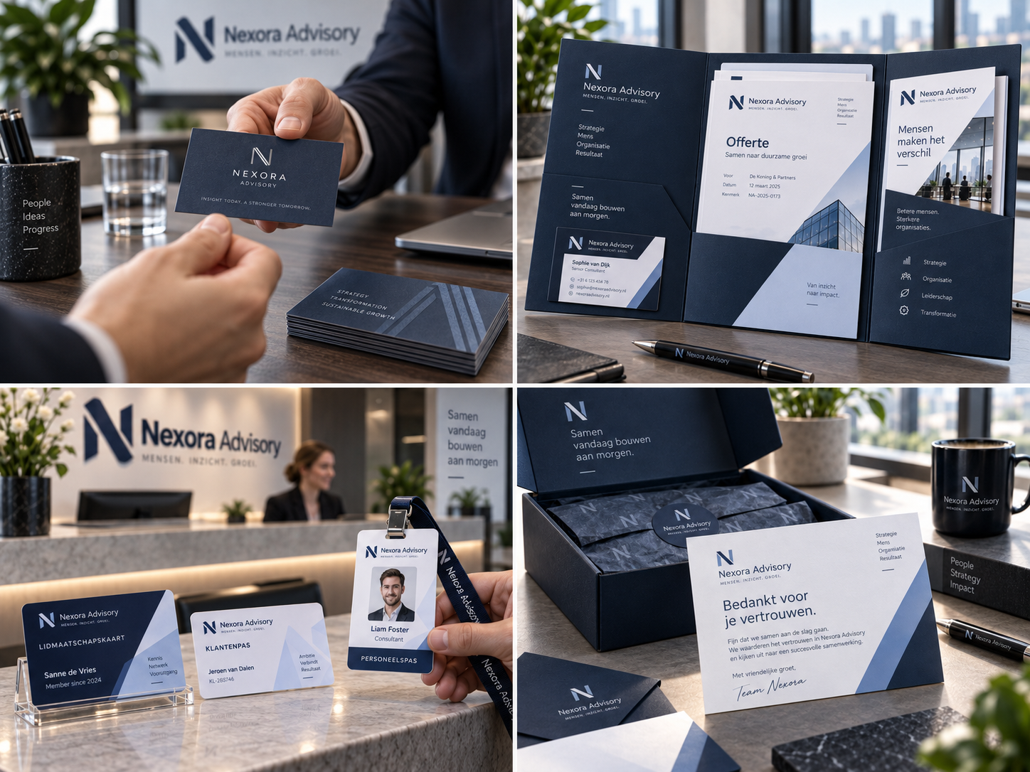 Vier zakelijke contactmomenten met visitekaartje presentatiemap PVC pasje en compliment card in één huisstijl