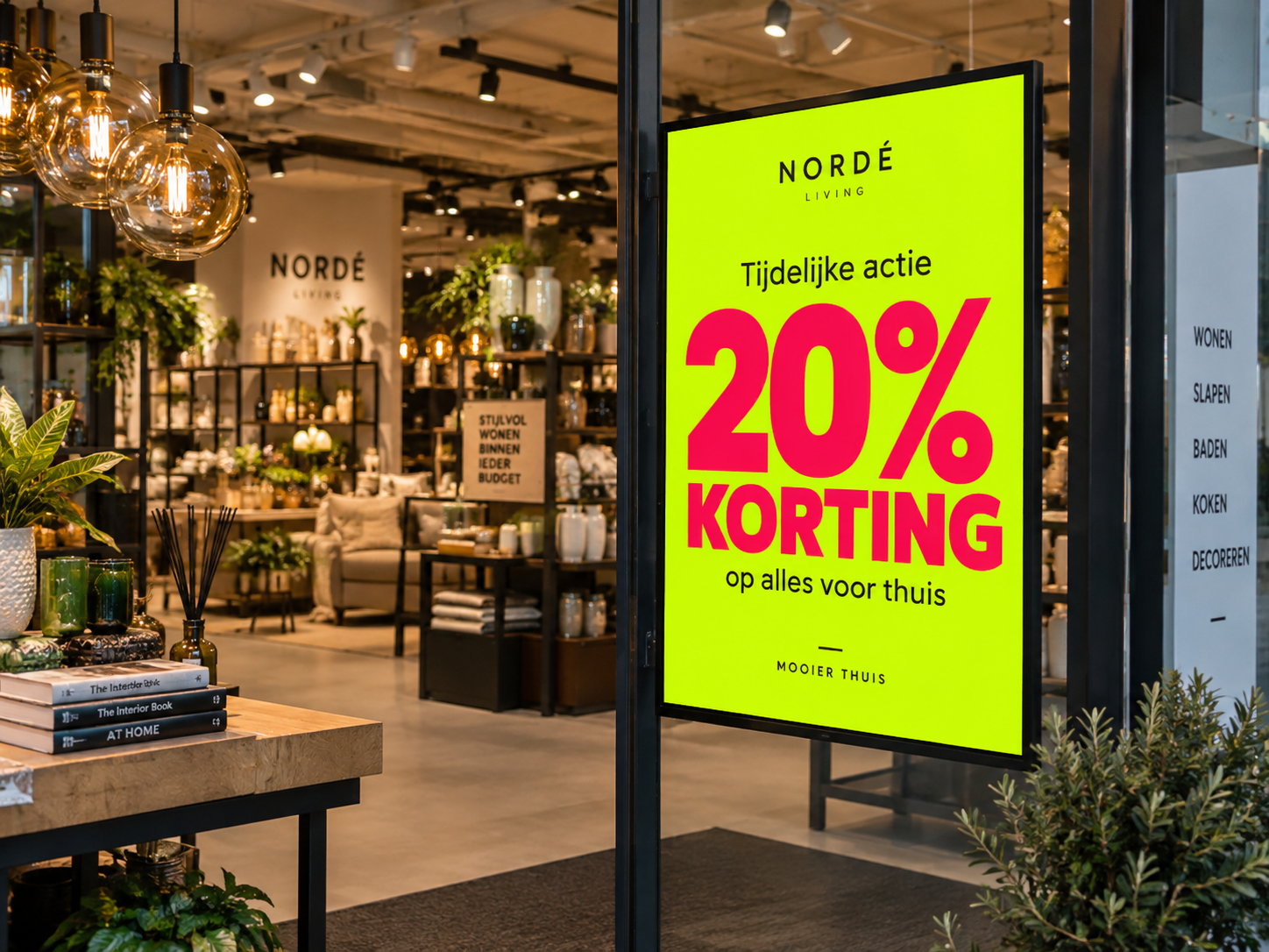 Felgekleurde professioneel bedrukte neonposter voor een tijdelijke actie in een moderne winkel