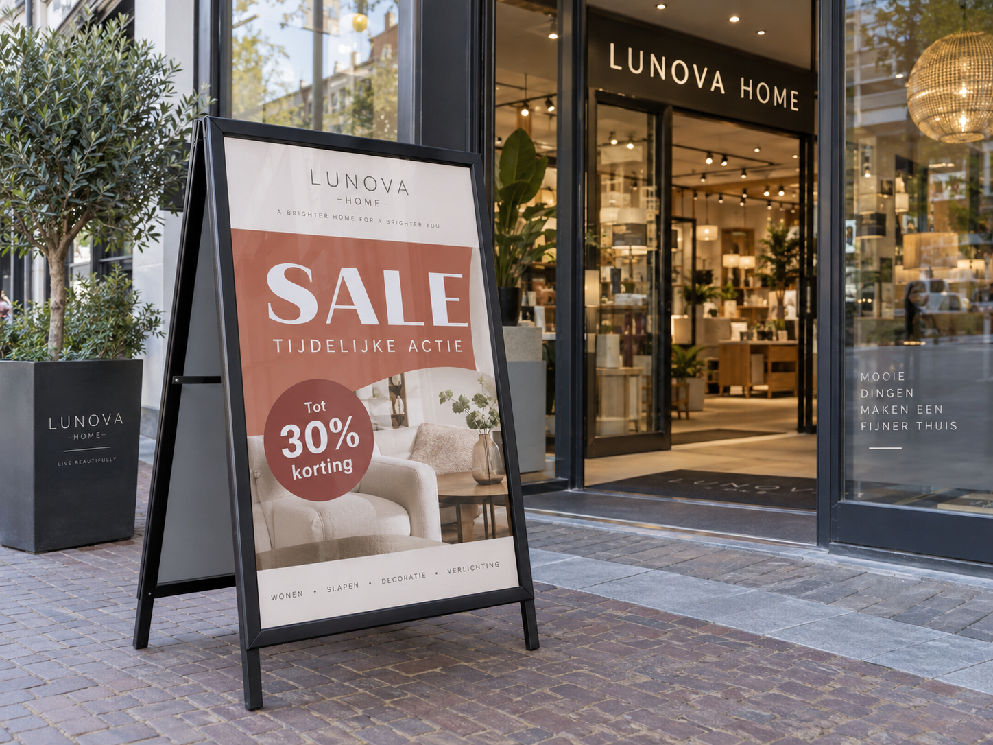 Professioneel stoepbord met opvallende actieposter bij de entree van een moderne Nederlandse winkel