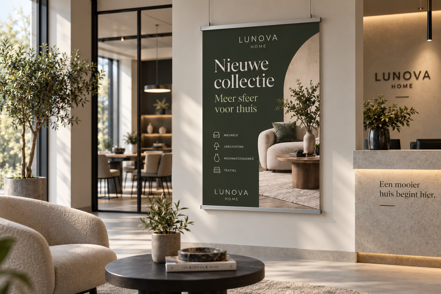 Professionele poster aan een minimalistische aluminium posterklem in moderne zakelijke ruimte