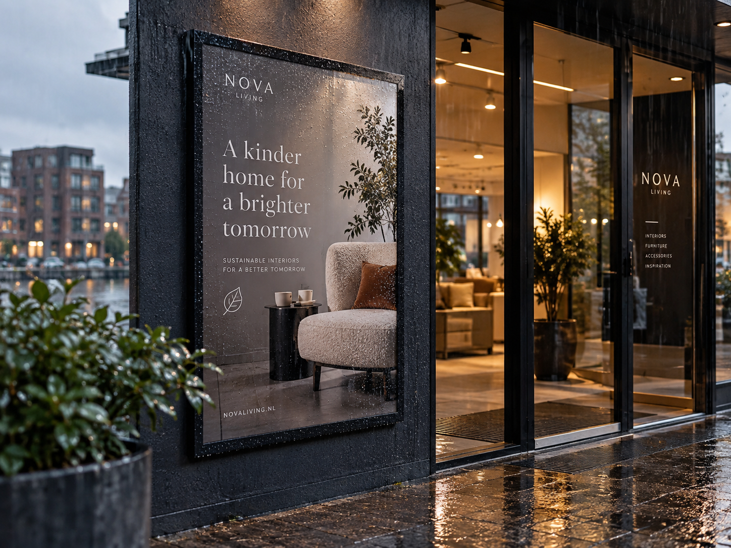 Professioneel bedrukte watervaste poster buiten bij een zakelijke entree tijdens regen