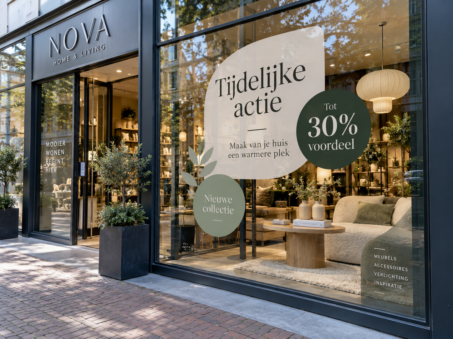 Tijdelijke professionele etalagecampagne met statisch hechtende raamfolie op een moderne winkelruit