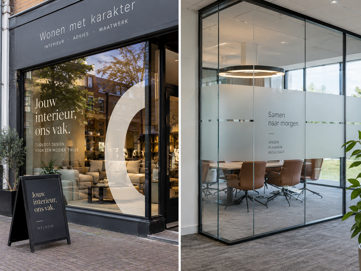 Vergelijking tussen een zakelijke etalage met raamreclame en een glazen vergaderruimte met matte privacyfolie