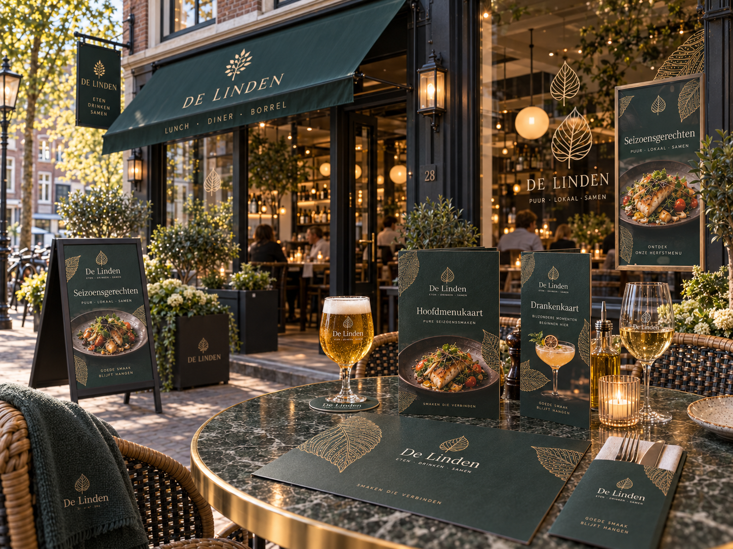 Restaurant met samenhangende menukaarten tafelmaterialen raamcommunicatie en buitenreclame in één herkenbare huisstijl