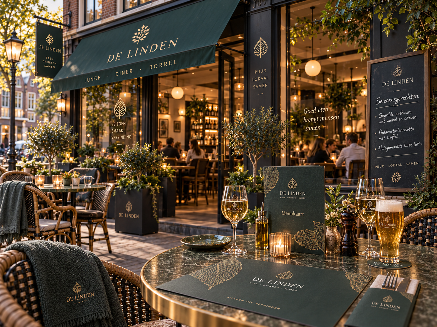Moderne professionele horecazaak met gevelcommunicatie terras menukaarten tafelmaterialen en consistente restaurantbranding