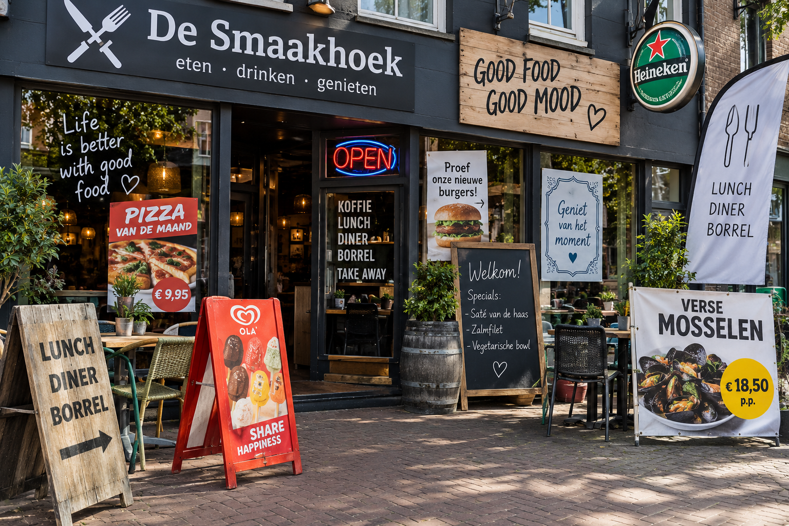 Restaurant met overdreven onsamenhangende signing posters stoepborden en horecacommunicatie in verschillende stijlen