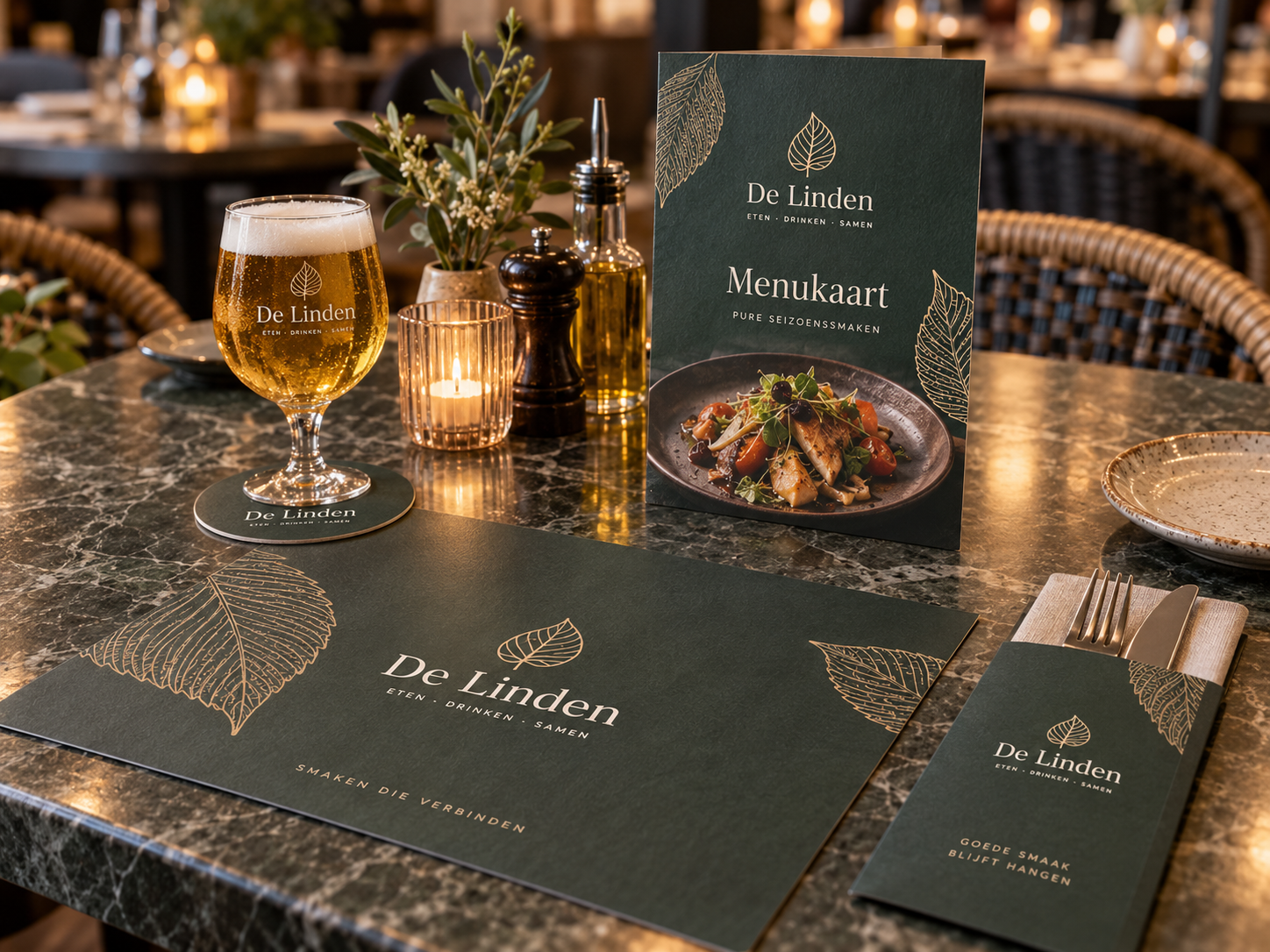 Professionele restauranttafel met bij elkaar passende menukaart placemat bierviltje en bestekzakje