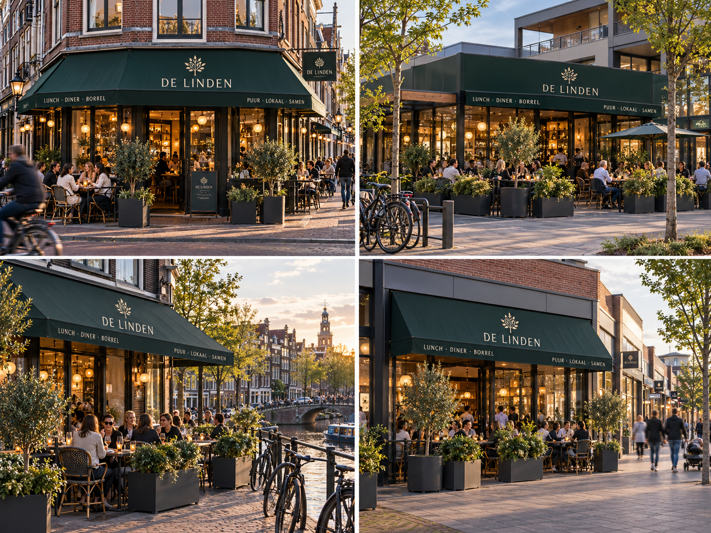 Meerdere verschillende Nederlandse vestigingen van één fictieve restaurantformule met dezelfde herkenbare visuele identiteit