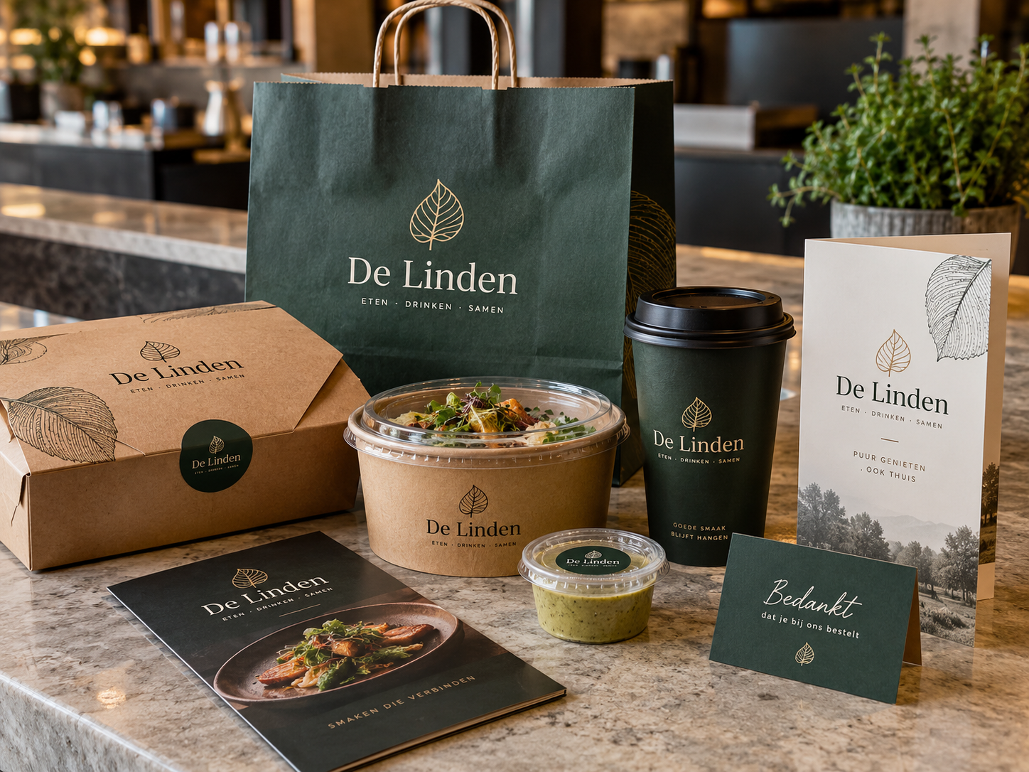 Professionele restaurant takeawayset met herkenbare verpakking sticker flyer en bedankkaart in dezelfde huisstijl