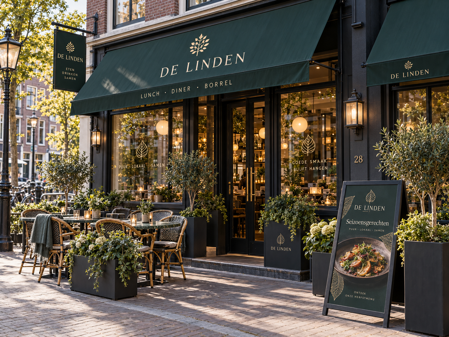 Moderne horecagevel met professionele gevelidentiteit raamcommunicatie stoepbord en terras