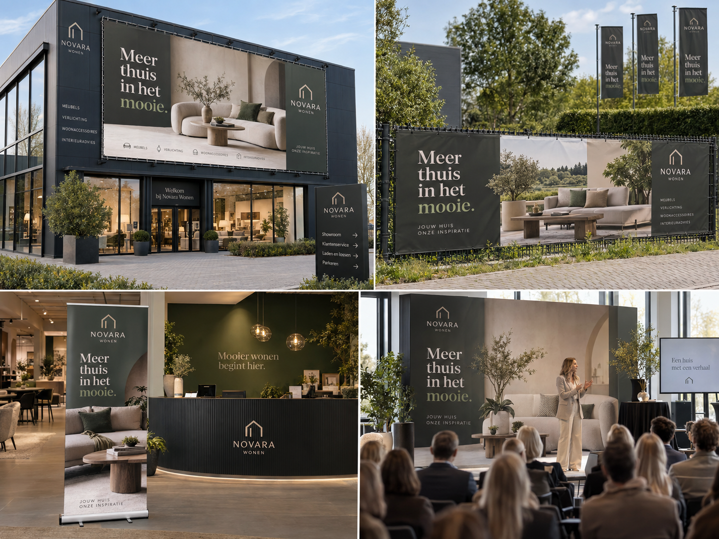 Dezelfde professionele campagne met gevelspandoek hekwerkdoek roll-up en backdrop bij meerdere locaties