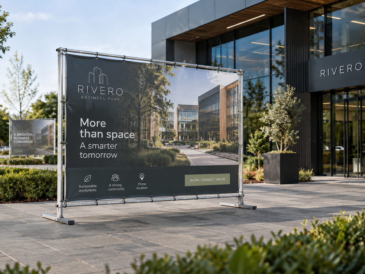 Compleet nieuw professioneel spandoekframe bij een moderne zakelijke locatie